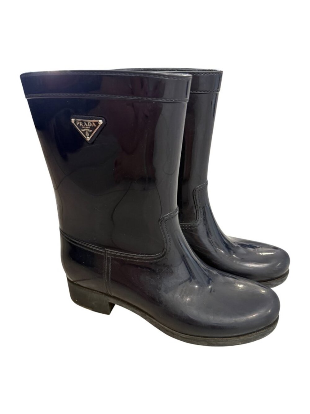 Prada Milano Navy Blue Rubber Rain Boots Womens Sz 41 Designer Waterproof Scuffs